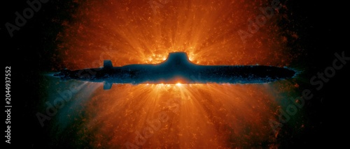 Submarine glides through fiery cosmic waters. 64k 8k widescreen, HDR,