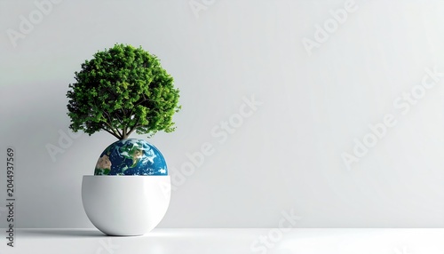 A lush green tree grows from a halved Earth in a minimalist white vessel