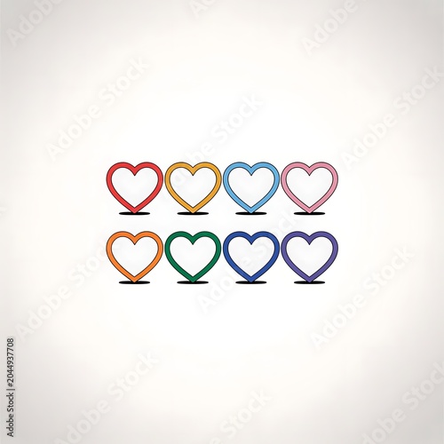 Multicolored heart shapes in rainbow colors on white background.