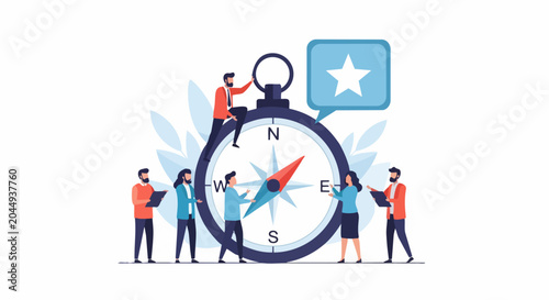 Business Team Navigation Concept with Giant Compass and Star Icon. Corporate Visionary Leadership, Strategic Planning and Goal Achievement Vector Illustration.