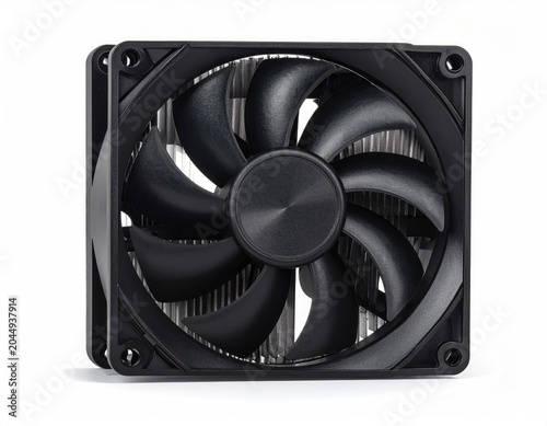 Black square cooling fan with curved blades on white background