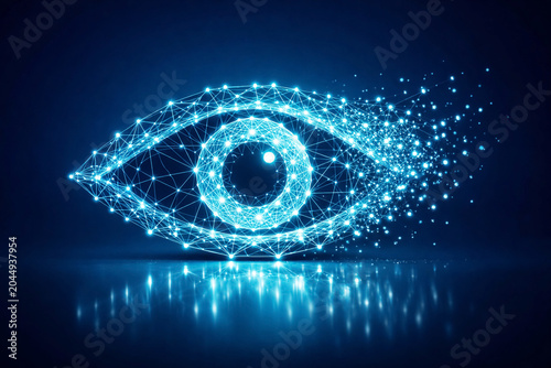 Eye illustration designed with a glowing blue digital wireframe mesh that partially dissolves into tiny pixelated particles against a dark navy background representing advanced human vision.