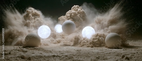 White spheres float amid swirling dust clouds. 64k 8k widescreen, HDR,
