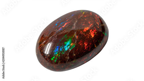 Photos Polished smooth oval black fire opal gemstone with colorful flashes isolated on