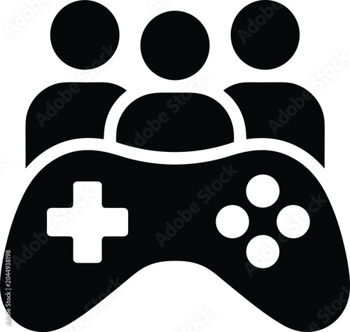 Fotografie Minimalist black vector icon representing a group of three people enjoying social multiplayer gaming on a white background