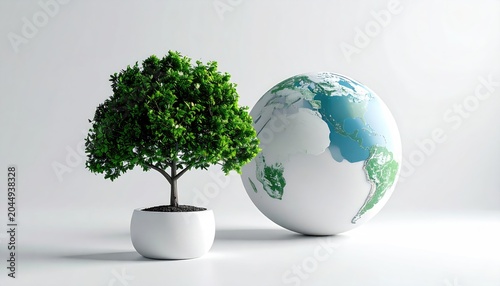 A small, vibrant green tree in a white pot stands beside a stylized Earth