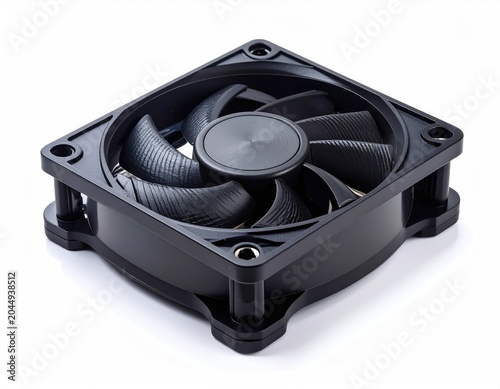 Black square-framed fan with seven textured blades, isolated on white
