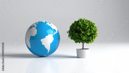 A pristine globe sits beside a potted, verdant tree on a clean white surface