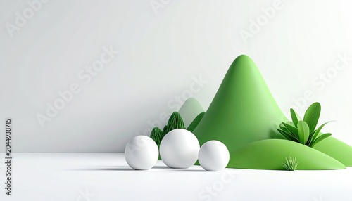Abstract minimalist landscape with smooth green hills and three white spheres