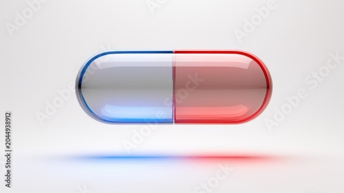 Capsule with blue and red halves floating against a light background in a simple, modern design highlighting colors and shape