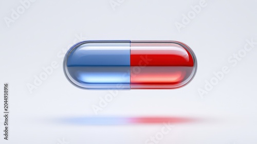 Capsule floats in the air with a blue side and a red side above a white surface during daytime
