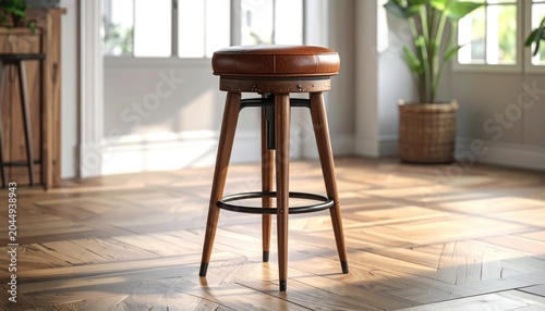 Rustic swivel bar stool with leather seat and wooden legs on polished floor