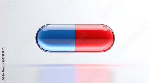 Bright red and blue capsule resting on a plain surface with a soft shadow in a studio setting