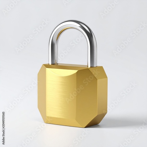 Polished gold padlock with shiny silver shackle on white background