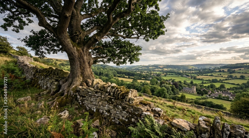 Fototapeta premium Ancient oak tree beside weathered stone wall scenic countryside landscape photography