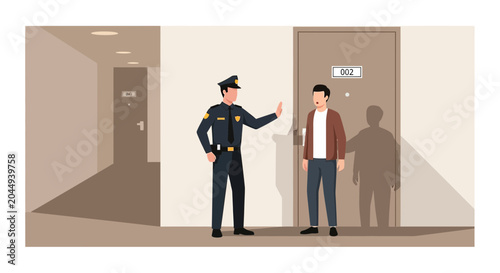 Police Officer Stops Man at Apartment Building Door