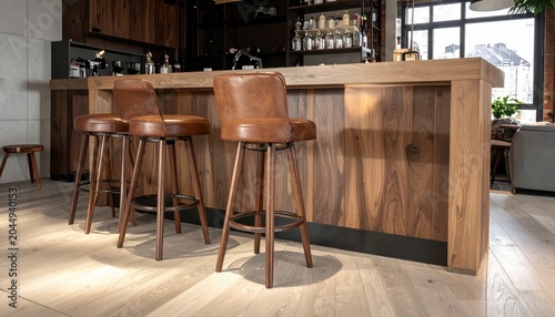 Three brown leather bar stools stand before a rich wooden bar in a modern kitchen