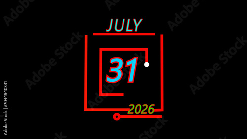 Bold red geometric motion graphic highlighting the date july 31 2026 against a solid black backdrop