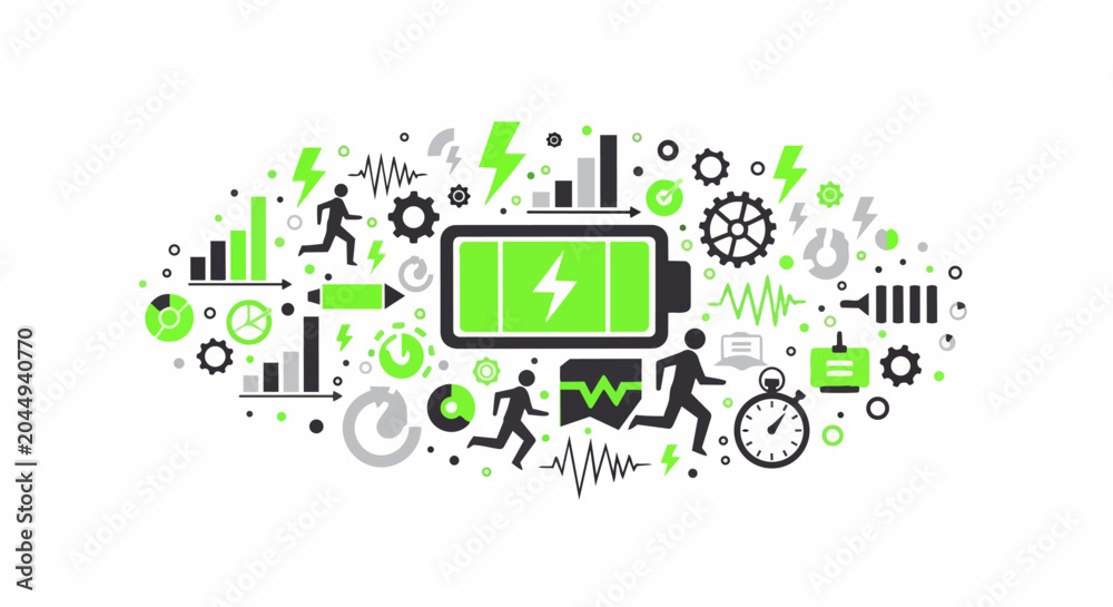 Fototapeta premium Personal Energy Management and Productivity Concept Illustration with Battery, Health, and Tech Icons on White Background