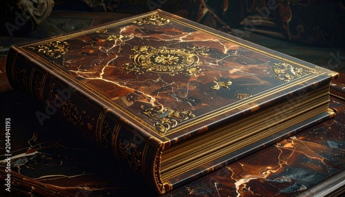 Ornate, leather-bound book with marbled cover and gilded tooling