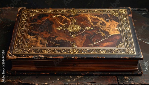 Ornate, antique, leather-bound book with gilded embellishments and textured cover