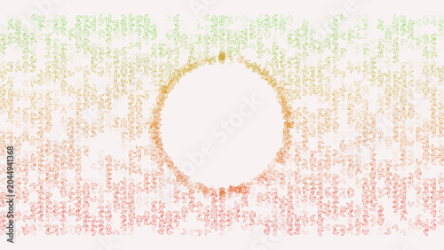 Abstract digital stream of symbols creating a glowing ring effect on a dark background