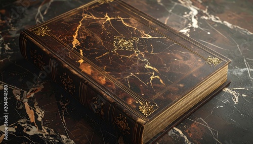 Ornate, aged book with marble cover, gold accents, and gilded pages