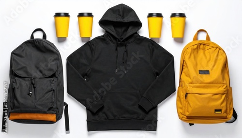 Three bags, a hoodie, and four cups are arranged on a white background