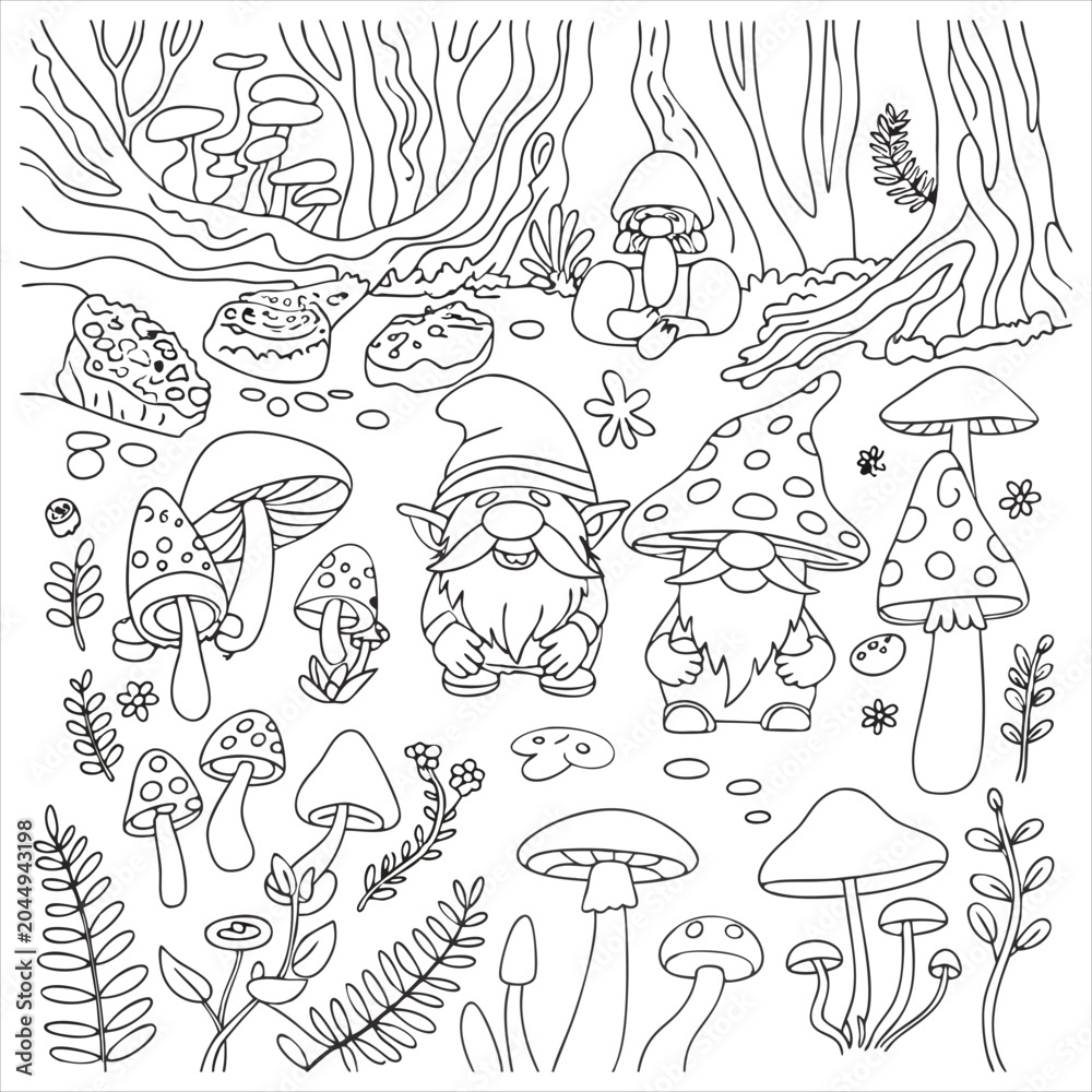 Obraz premium Cute gnomes and mushrooms in a magical forest coloring page