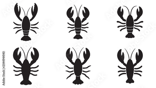 Lobster and crayfish black silhouette minimalist vector icon set