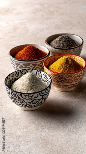 Assorted oriental spices in ceramic bowls on concrete background