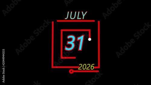 Bold red geometric motion graphic highlighting the date july 31 2026 against a solid black backdrop