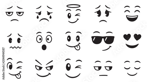 Cartoon emoji facial expressions and emotions black vector icon set