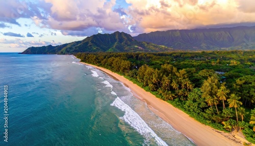 Aerial view of a tropical coastline with sandy beach, lush green jungle, and mountains