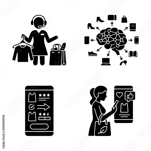 Shopping Assistance Icons Black Silhouette Style Depicting Retail Services And Online Commerce Concepts boutique buyer checkout