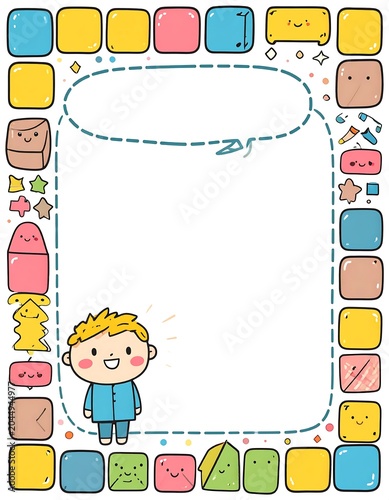Cute Cartoon Boy Standing Inside Colorful Doodle Border on White Background