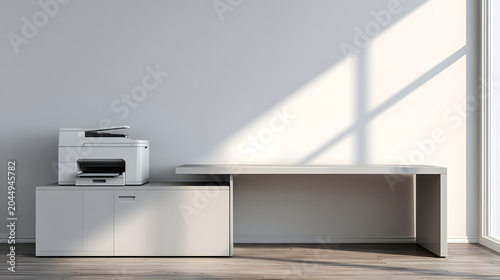 Modern Minimalist Office Interior with White Desk, Cabinet, and Printer in Bright Sunlight, Clean and Simple Workspace Design