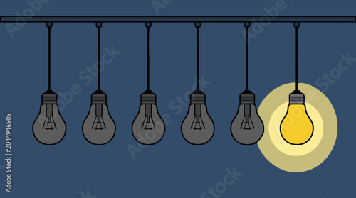 Fotografia Bright Idea Concept with One Lit Yellow Light Bulb Among Grey Ones