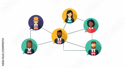 Global Business Networking Concept with Diverse Professional Avatars and Communication Icons in Flat Design Style