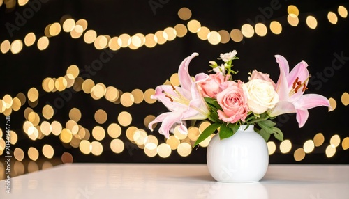Delicate pink and white flowers in a white vase with bokeh lights