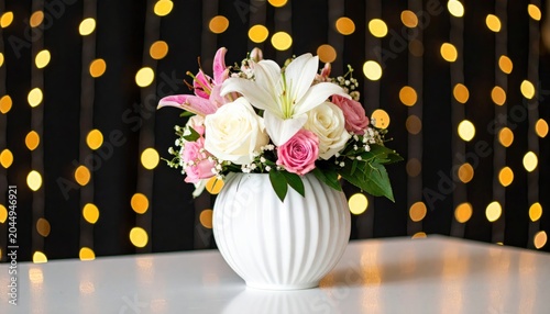 White ribbed vase holding a floral arrangement against bokeh lights