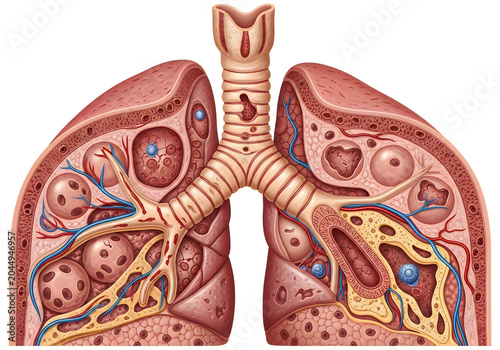 Cross section illustration of human lungs showing internal airway structures.