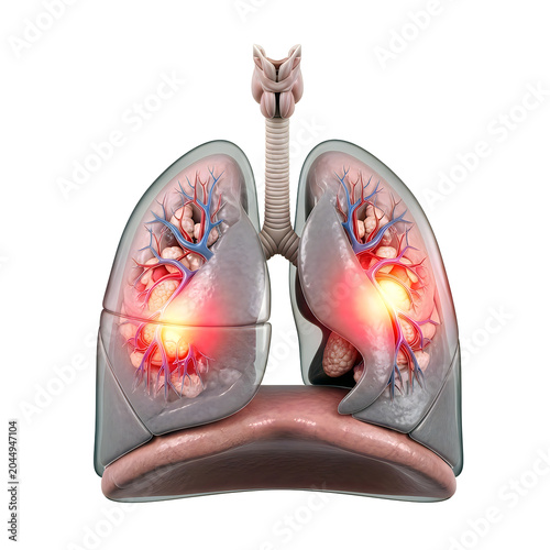 Detailed medical 3d visualization of inflamed human lungs and bronchial system.