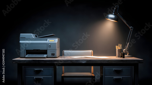 Dark Office Setup with Printer, Desk Lamp, Paper and Pencils on a Wooden Desk with Drawers in a Moody and Dramatic Lighting