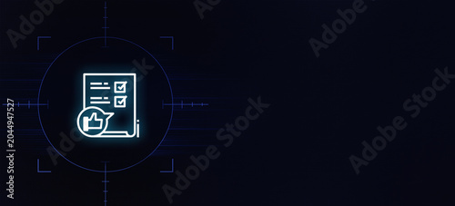 Neon Quality Assurance Checklist Icon with Thumbs Up Customer Feedback Symbol
