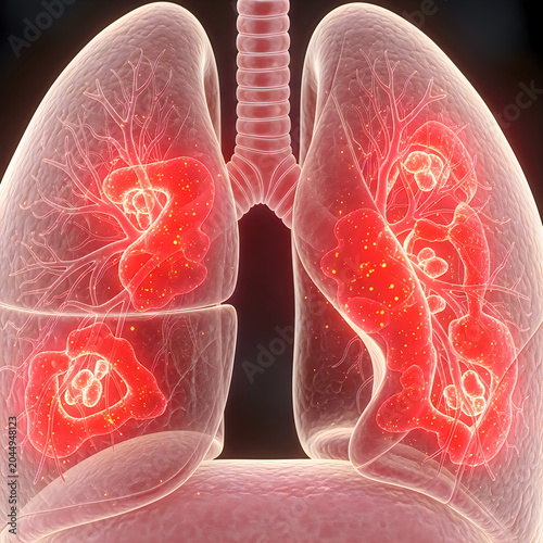 Human lung anatomy illustration showing respiratory inflammation.
