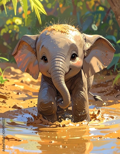 Playful Baby Elephant Splashing in Muddy Jungle Waterhole