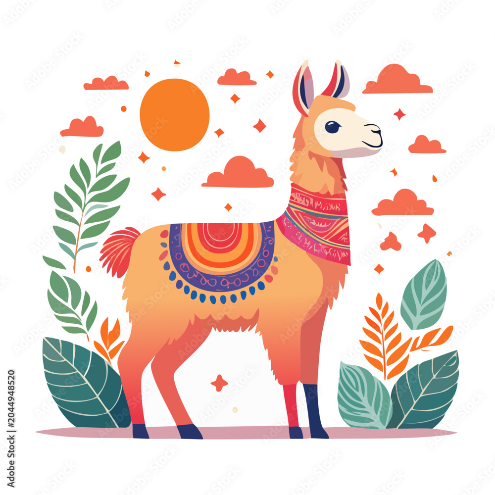 Fototapeta premium Cute llama with colorful blanket and plants
