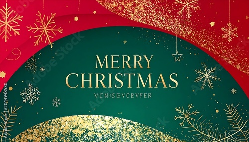 Festive Merry Christmas Typography on Red and Green Glitter Background with Golden Snowflakes