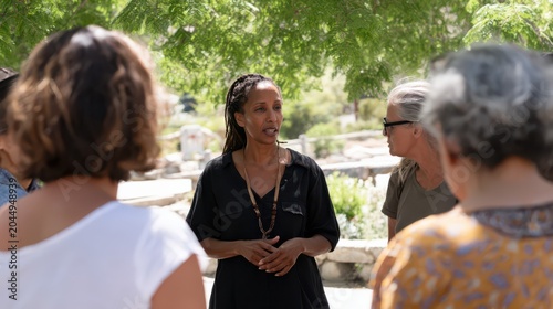 Black woman leading group discussion in park